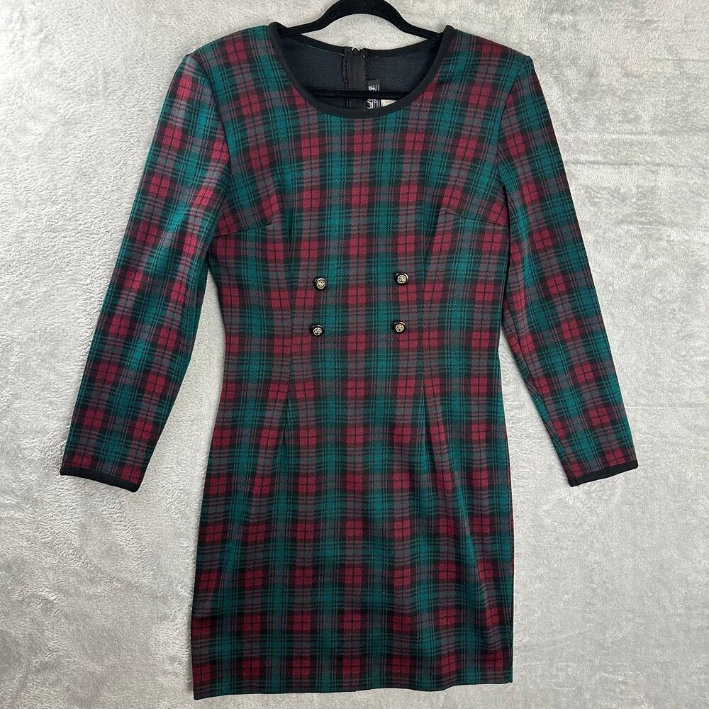 Vintage 80s Red Green Plaid Tartan Pencil Dress Size 14 Retro Heritage Academia